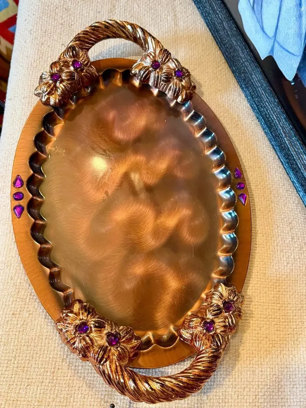 Vintage Oval Decorative Copper Serving Tray with Purple Gem Accents